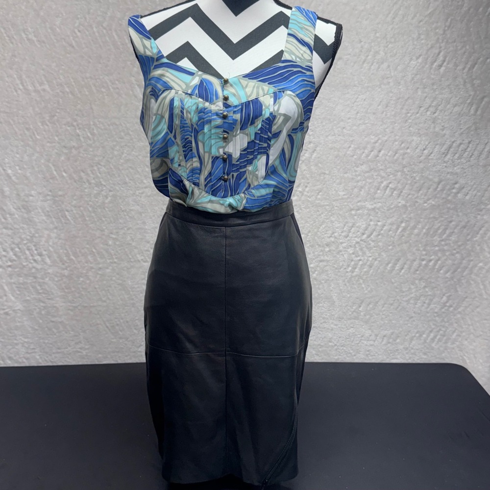 Trouve Black Leather Mini Skirt Asymmetric Zip Mixed Media Size 8